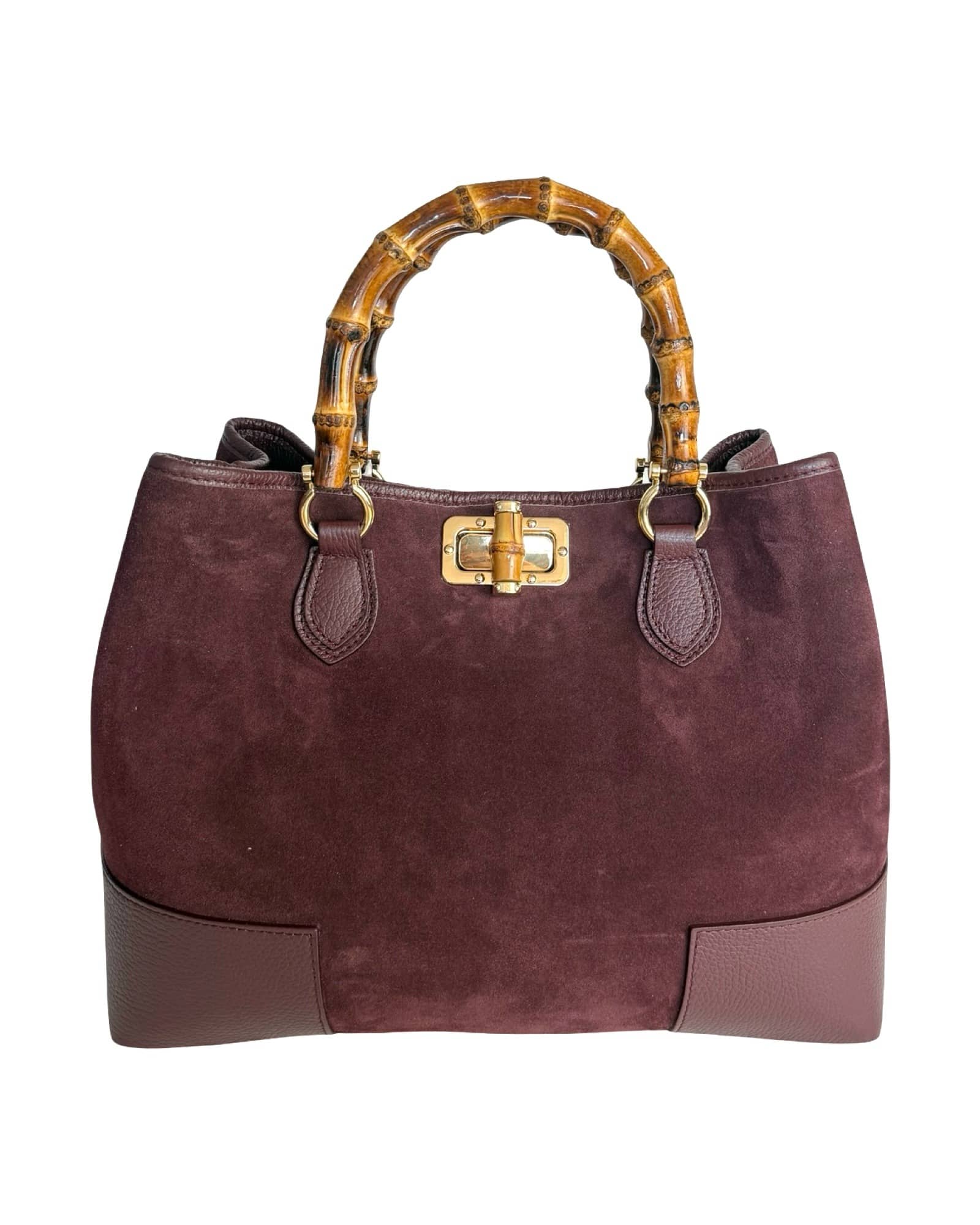 Suede and Genuine Leather Handbag with Bamboo Handles - Made in Italy - Suede and Genuine Leather Handbag with Bamboo Handles - Made in Italy -