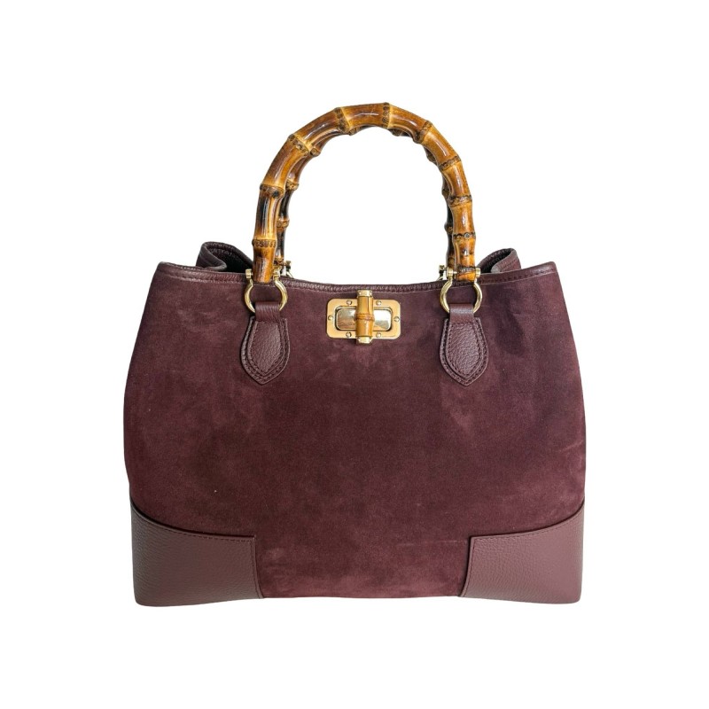 Borsa a Mano in Camoscio e Vera Pelle con Manici in Bambù -Made in Italy-
