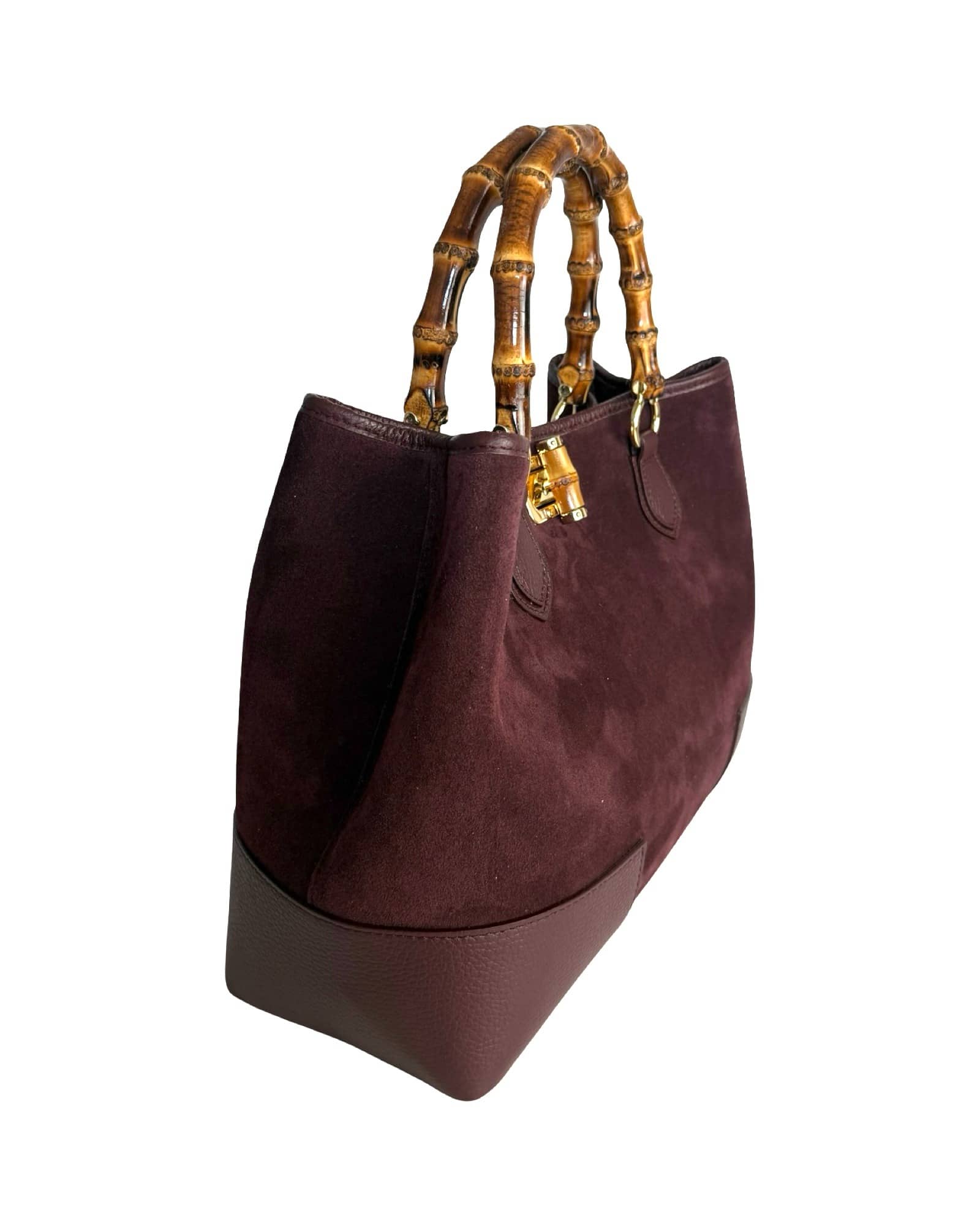 Suede and Genuine Leather Handbag with Bamboo Handles - Made in Italy - Suede and Genuine Leather Handbag with Bamboo Handles - Made in Italy -