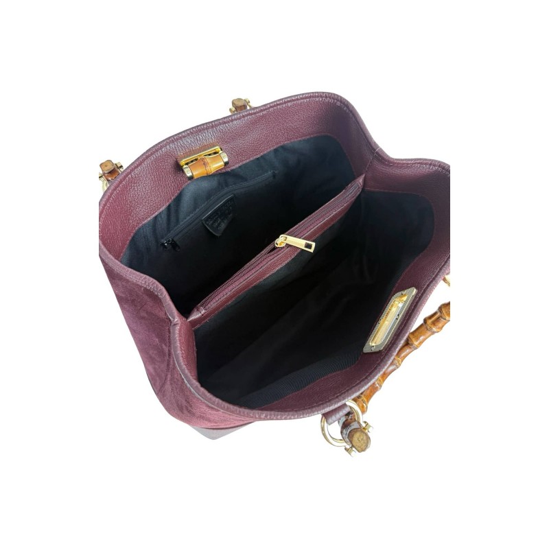 Borsa a Mano in Camoscio e Vera Pelle con Manici in Bambù -Made in Italy-