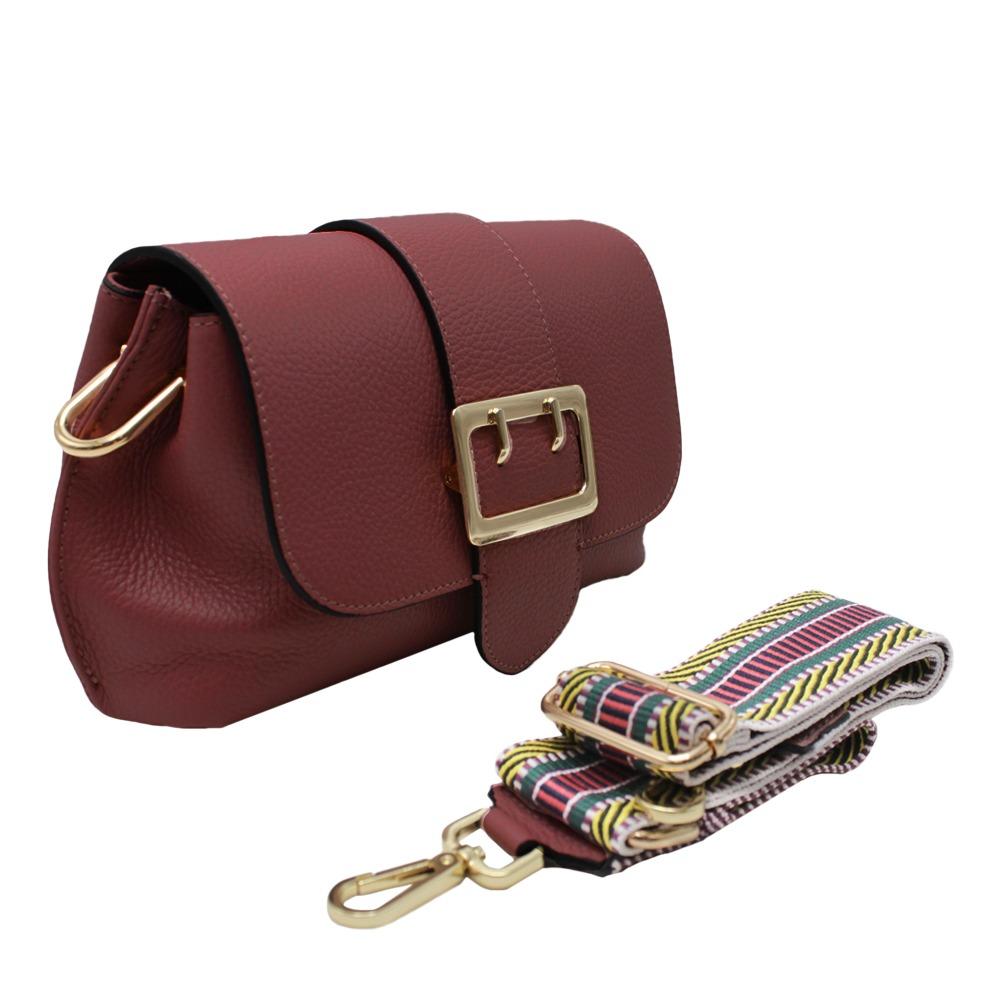 Leather Crossbody Bag with Front Buckle -Made in Italy- Leather Crossbody Bag with Front Buckle -Made in Italy-