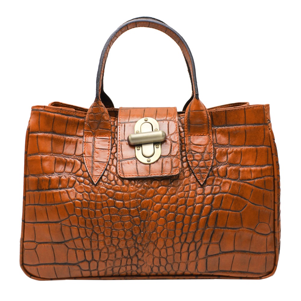 Crocodile-Effect Leather Handbag with Interlocking Hook -Made in Italy- Crocodile-Effect Leather Handbag with Interlocking Hook -Made in Italy-