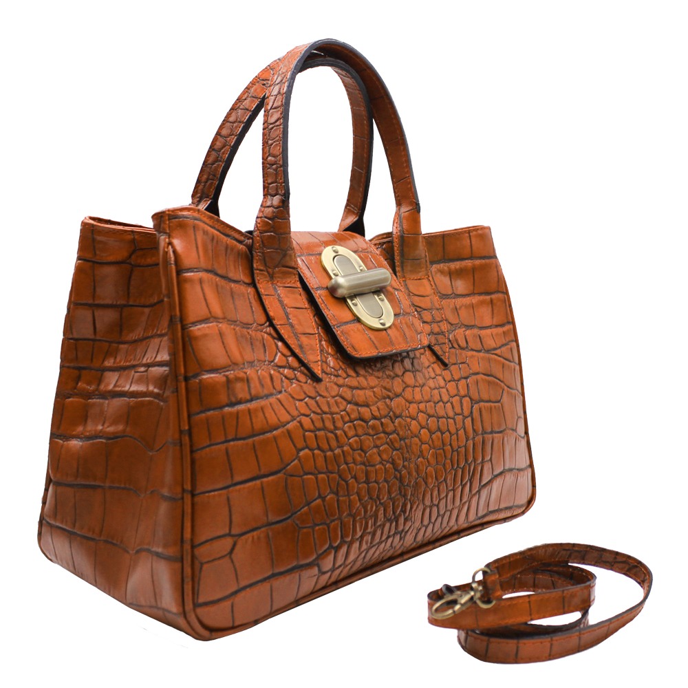 Crocodile-Effect Leather Handbag with Interlocking Hook -Made in Italy- Crocodile-Effect Leather Handbag with Interlocking Hook -Made in Italy-