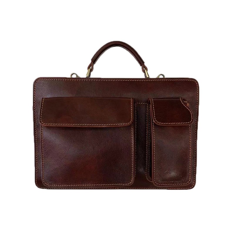 Buffered Leather Business Bag with Front Pockets -Made in Italy-