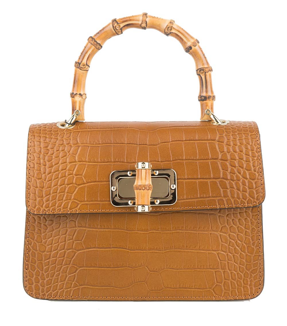 Mini Genuine Leather Handbag with Bamboo Handle -Made in Italy- Mini Genuine Leather Handbag with Bamboo Handle -Made in Italy-