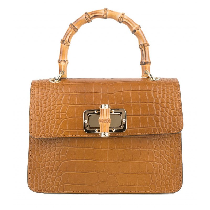 Mini Borsa a Mano in Vera Pelle con Manico in Bambù -Made in Italy-