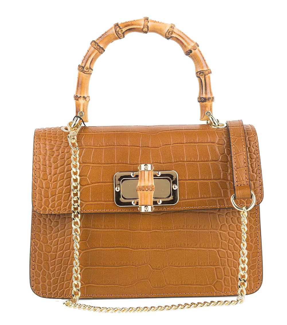 Mini Genuine Leather Handbag with Bamboo Handle -Made in Italy- Mini Genuine Leather Handbag with Bamboo Handle -Made in Italy-