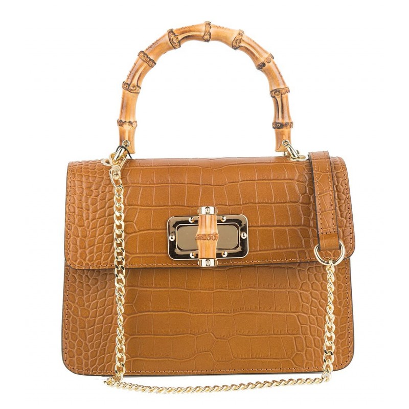 Mini Borsa a Mano in Vera Pelle con Manico in Bambù -Made in Italy-