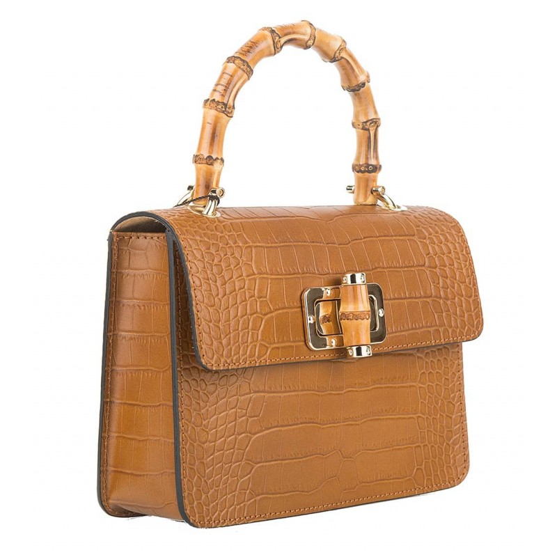 Mini Borsa a Mano in Vera Pelle con Manico in Bambù -Made in Italy-