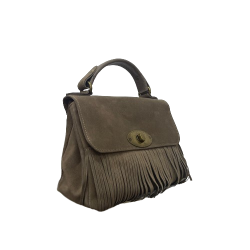 Borsa Satchel con Frange in Vera Pelle Camoscio  con Tracolla Made in Italy