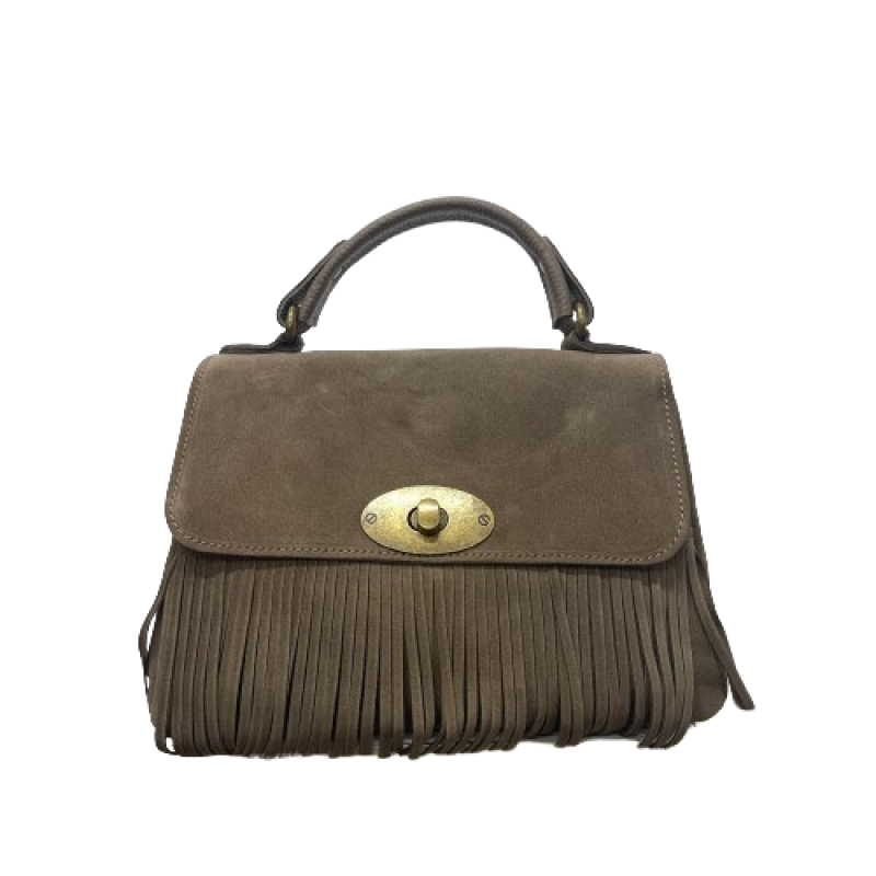 Borsa Satchel con Frange in Vera Pelle Camoscio con Tracolla Made in Italy Borsa Satchel con Frange in Vera Pelle Camoscio con Tracolla Made in Italy